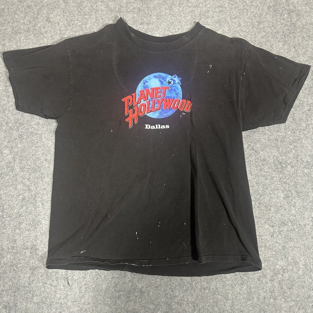 Planet Hollywood Dallas Graphic TShirt Large Black Distressed Vintage 90s Cotton